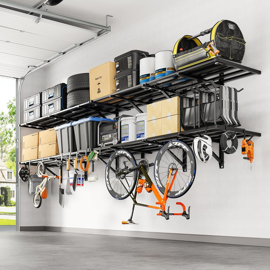FLEXIMOUNTS 4-Pack 2x6ft Heavy Duty Garage Wall Shelving, 800lbs Capacity, Garage Shelving Wall Mounted with 8 Hooks, Storage for Power Tools, Garden Supplies, Storage Bins, Lite Series