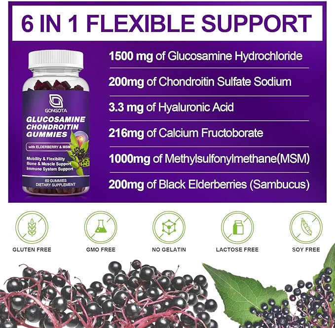 Glucosamine Chondroitin Gummies - 2- Pack, Extra Strength 1500mg Glucosamine with MSM & Elderberry, Flexibility Support, Best Cartilage & Immune Support Supplement for Men and Wome - 180 Gummies