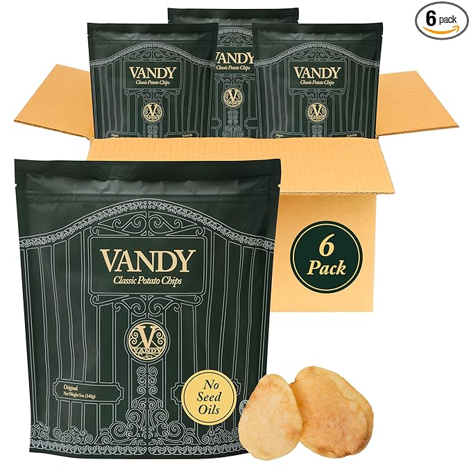 Vandy Crisps Potato Chips - Vegetable & Seed Oil Free Snacks - Gluten Free Potato Chip - Healthy Chips Made with Potatoes, Grass-Fed Beef Tallow, and Sea Salt - 6 Pack, 5 Ounce Each (Original)