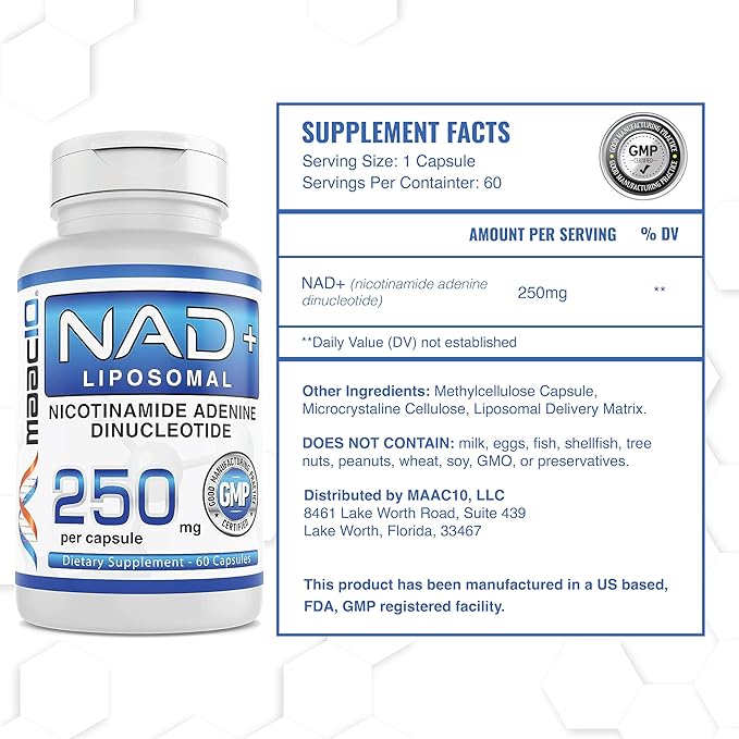 MAAC10 Liposomal NAD+ (180 x 250mg Capsules) | Supports Fatigue and Increased Energy - Non-GMO, Gluten Free, Vegan (3 Pack)
