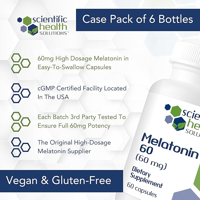 Melatonin 60mg | High Dosage Melatonin in Easy-to-Swallow Capsules | Vegan, Non-GMO & Gluten-Free | US-Made Extra Strength Melatonin (Case of 6)