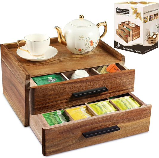 Acacia Wood Tea Bag Organizer with Gift Box, Double-Drawer Tea Box - Tea Accessories for Tea Organizer and Storage Box, Tea Station Chest Caddy for Countertop Cabinet Office(21-Compartment)