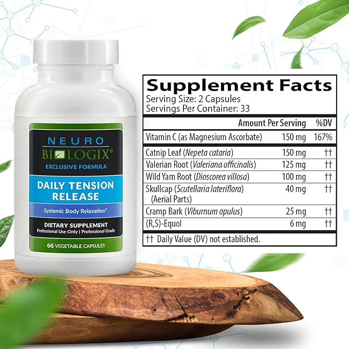 Daily Tension Release – Synergistic Herbal & Vitamin C Formula for Muscle Relaxation Support - With Valerian Root, Skullcap & Catnip for Occasional Stress Support - Non-Drowsy, Natural Support