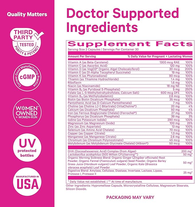 Pink Stork Premium Prenatal Vitamin for Women - Organic Whole-Food Ingredients, Multivitamin & Probiotics - Morning Sickness, Digestion, & Energy - Folate, B6, & Iron - 60 Capsules