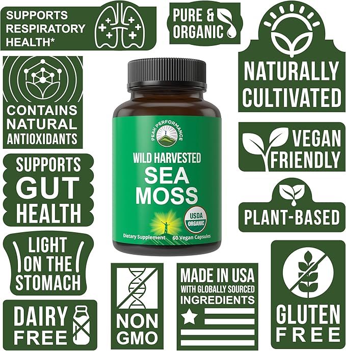 Organic Sea Moss Capsules. Wild Harvested Sea Moss Raw Organic Vegan Supplement from Red Algae Seaweed. 100% Whole Extract Raw Irish SeaMoss Superfood Pills. for Gut, Respiratory, Immune Support.