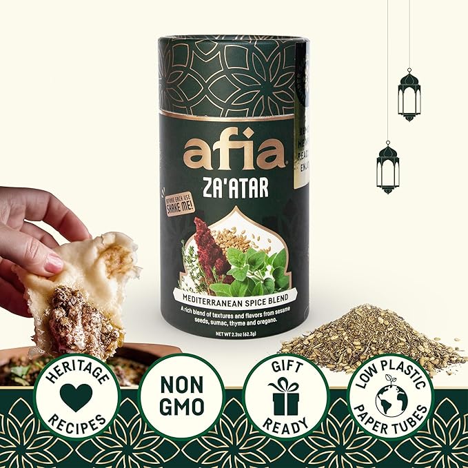 Afia Za'atar Spice Blend | Authentic Mediterranean Seasoning with Sumac, Toasted Sesame & Herbs | Perfect for Dips, Marinades, Flatbreads & More | Non-GMO, No Fillers, No Preservatives (2.2oz)