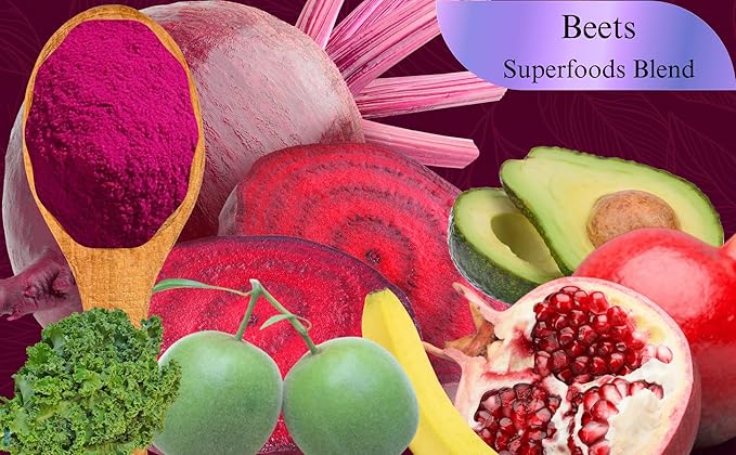 Beets Superblend 100% Freeze Dried Powder Juice, Beets, Pomegranate, Avocado, Kale, Banana, Monk Fruit, No Sugar Added.