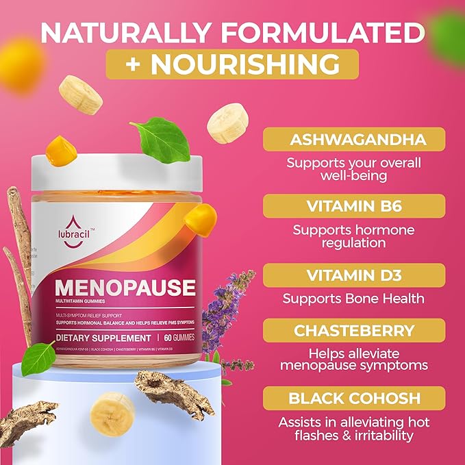 Lubracil Menopause Gummies for Women, Perimenopause Supplements with Black Cohosh & Ashwagandha, Hot Flashes, Night Sweats, Hormonal Balance, 180 Gummies (Pack of 3)