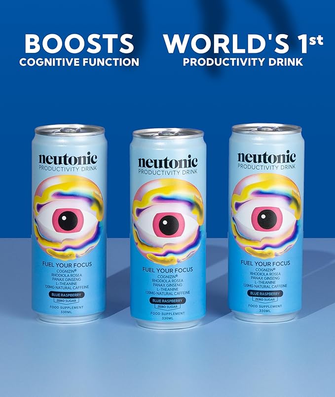 Neutonic Nootropic Productivity Energy Drink | Blue Raspberry 12 Cans | 120mg Natural Caffeine, Zero Sugar | Support Memory, Mental Clarity, Cognitive Function | Boost Focus, Energy, Brain Health