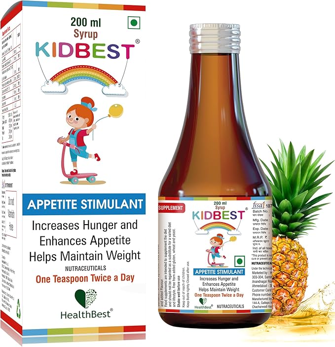 Kidbest Appetite Booster for Kids 3-13 Yrs with 20+ Nutrients, L-Lysine & B Vitamins Syrup, Helps Healthy Weight Gain, Pineapple Flavor, Increases Hunger, Appetite Stimulant, 200ml