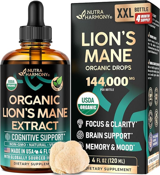 Lions Mane Liquid - USDA Certified Organic Lions Mane Supplement - Brain Support, Energy, Memory & Focus - Sugar & Alcohol-Free Lion's Mane Mushroom Extract 144,000 mg / Bottle, 4fl oz, 4 Month Supply