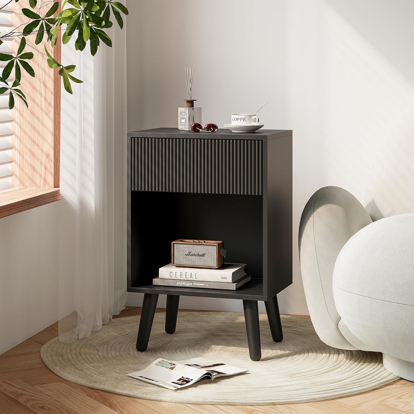 Nightstand, Modern Bedside Table with Storage Drawers and Open Wood Shelf, Night Stand with Solid Wood Legs, End Tables Side Tables for Living Room, Bedroom Black