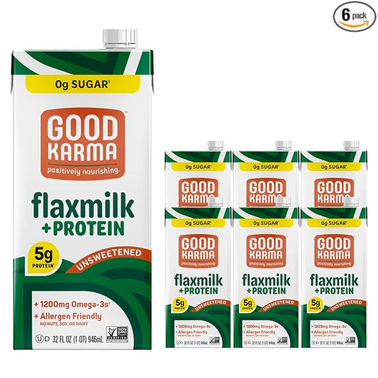 Good Karma Unsweetened Flaxmilk +Protein, 32 Ounce (Pack of 6), 5g Plant Protein + 1200mg Omega-3 Per Serving, Plant-Based Non-Dairy Milk Alternative, Lactose Free, Nut Free, Vegan, Shelf Stable