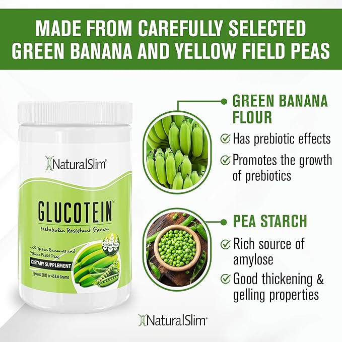 NaturalSlim Prebiotic Resistant Starch Supplement with Green Banana Flour Organic & Pea Starch Blend for Metabolism & Digestive Processes Glucotein Powder - Non-GMO & Gluten Free - 16 Servings
