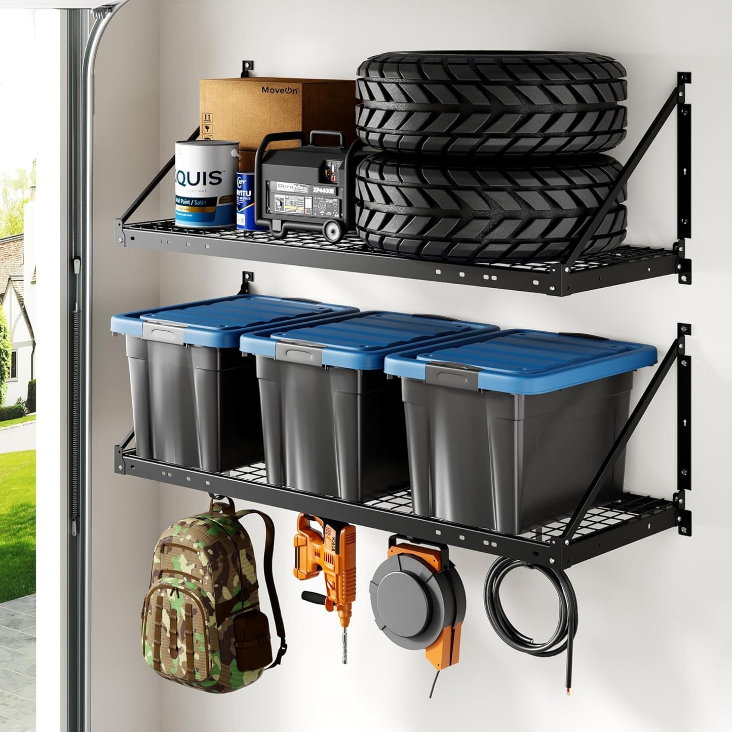 FLEXIMOUNTS 2-Pack 2x4ft Garage Wall Shelving with 4 Hooks - Heavy Duty Garage Storage System, 660 lbs Load Capacity with Brace Guardrail, Wall Mounted Organization for Bikes, Tools, Bins, Pro Series