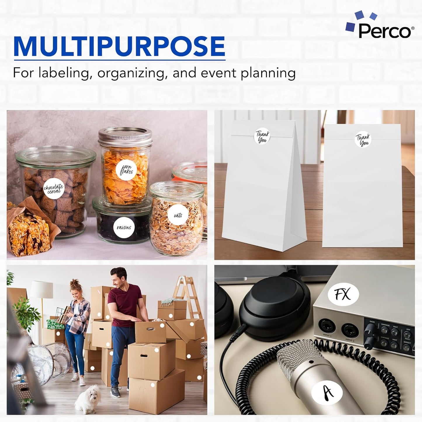 Perco White 2-Inch Perforated Circle Dot Sticker Labels — 250 Round Stickers Per Roll — with Permanent Adhesive for Organizing, Color Coding, Bin Labeling, Packaging Alerts — Made in USA