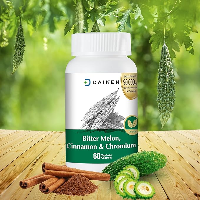 DAIKEN Bitter Melon 90,000 mg Equivalent, Enriched with Cinnamon, Chromium & Zinc, 100% Vegetarian Bitter Melon Capsules, 60 Capsules (Pack of 2)