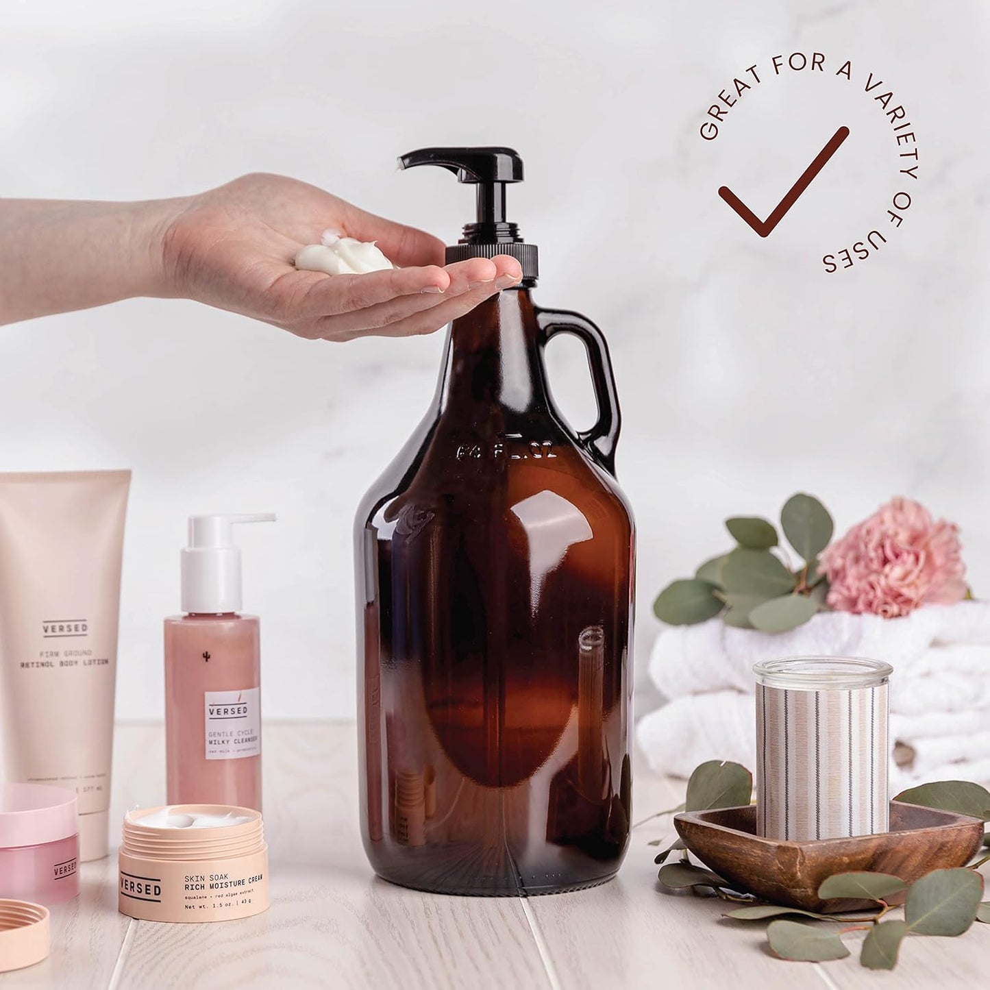 Large Amber Pump Bottle for Salons, Shampoo, Conditioner, Hair Serum, Gel - Half Gallon Glass Jug Pump Dispenser - 64 oz Capacity - Pack of 1- by Kitchentoolz