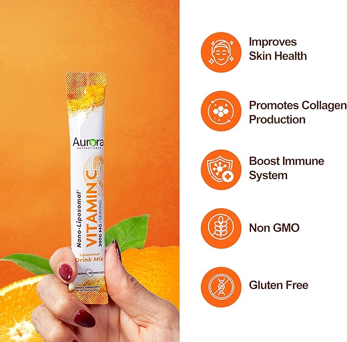 Aurora Nutrascience Nano-Pack Liposomal Vitamin C Powder Drink Mix, Immune Support, High Strength 3,000 mg Per Serving 10 Single Serve Packets, Orange
