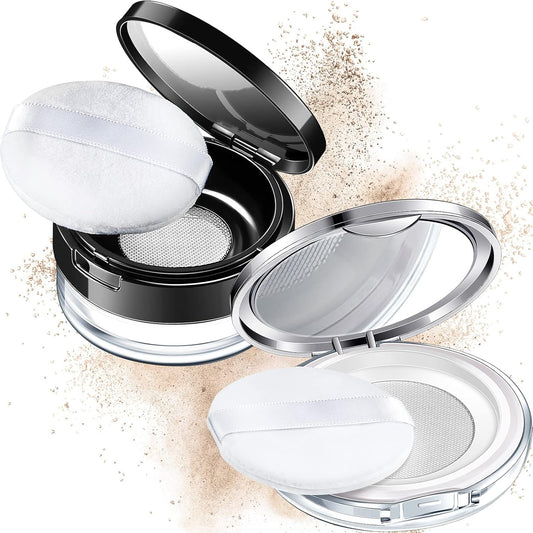 Cunhill 2 Pcs Loose Powder Container with Puff 0.17/0.7 oz Reusable Plastic Empty Case Portable DIY Makeup Powder Container Compact Case with Mirror and Net Sifter(Silver, Black)