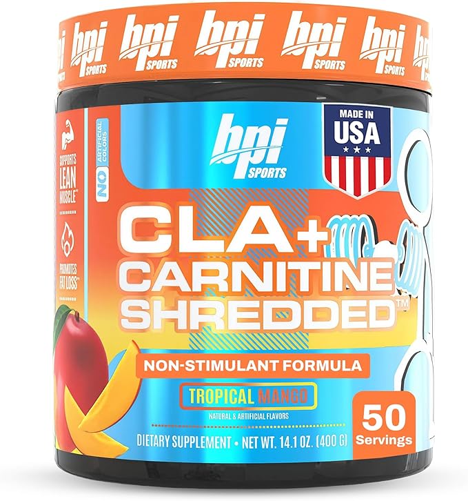 BPI Sports CLA + Carnitine Shredded - Convert Fat Cells Into Energy and Supports Lean Muscle, Boost Metabolism - Non-Stimulant L-Carnitine Supplement - Tropical Mango (14.1 oz. / 50 Servings)