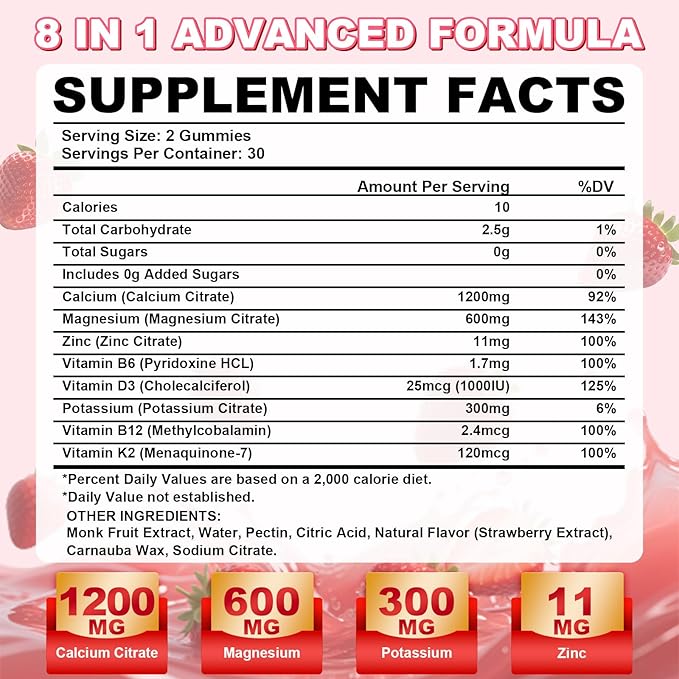 1200mg Calcium Citrate Gummies - Chewable Calcium Gummies for Bone, Muscle, Teeth, Immune Support, High Absorption Calcium Supplements for Women & Men Sugar Free Strawberry Flavor 60 Count