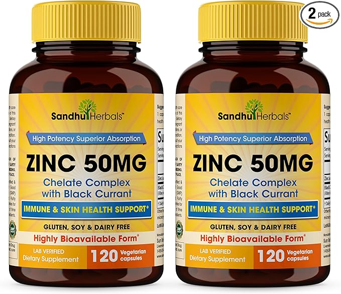 Sandhu Herbals Zinc 50mg Supplement for Men & Women| High Absorption Monomethionine Complex with Black Currant 120 Capsules (Pack of 2)| Zink Supplements for Immune, Acne & Antioxidant Support