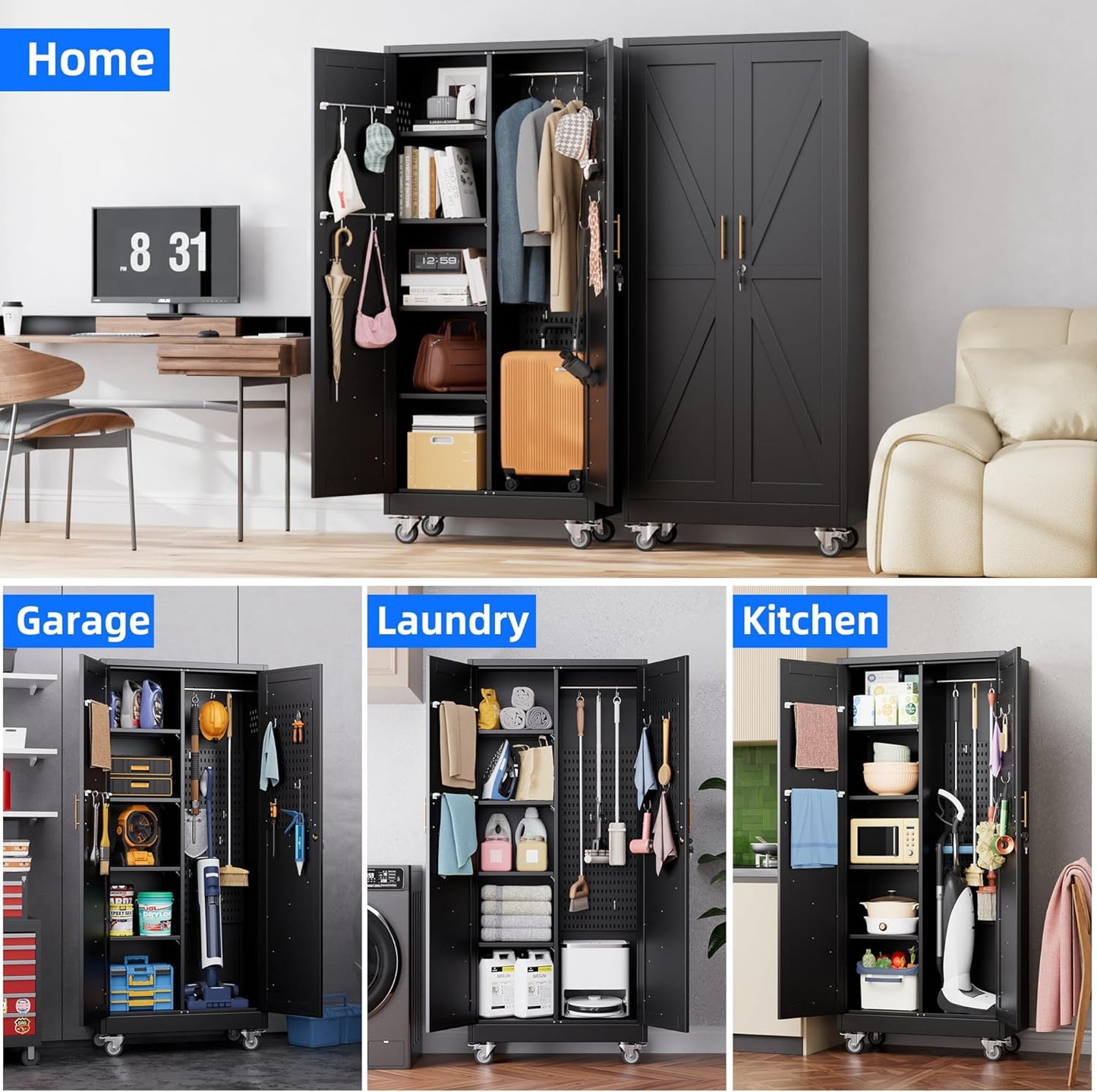 Black Broom Closet Storage Cabinet with Doors and 4 Shelves,Metal Cleaning Tool Cabinet with Pegboard,Hanging Rod for Brooms and Mops,Kitchen Pantry Storage Cabinet,Assembly Required