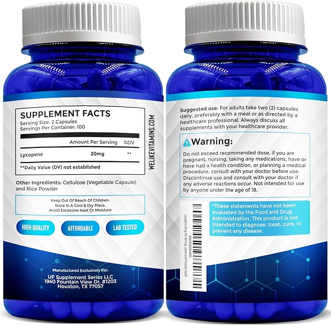 We Like Vitamins Lycopene Supplements for Men & Women - Lycopene 20mg Per Serving - 200 Capsules - Super Antioxidant which Helps Support Immune System and Prostate Health
