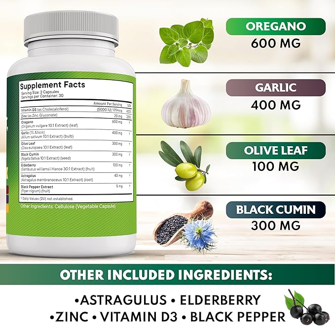 NEW AGE Oregano Oil Garlic Extract Olive Leaf with Astragalus - Supplement for Women and Men - 120 Count