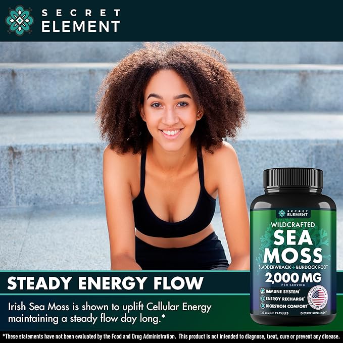 Sea Moss Capsules - Irish Sea Moss Advanced with Burdock Root, Bladderwrack & Muira Puama for Immunity, Gut, & Energy - Superfood Sea Moss Supplements w/Raw Sea Moss Powder - 120 Irish Seamoss Pills