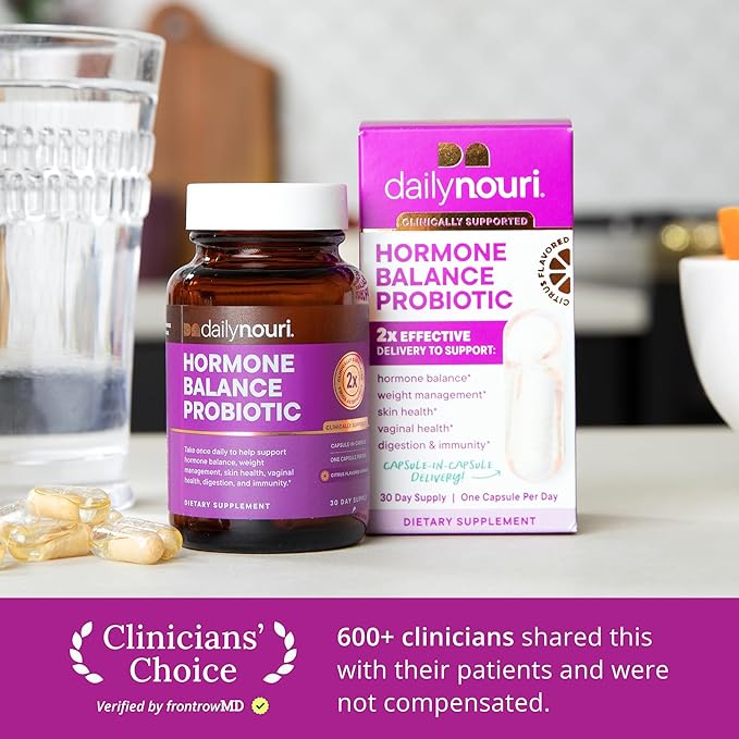 Daily Nouri Hormone Balance Probiotic for Women | Supports Healthy Estrogen, PMS, PCOS, Perimenopause, Vaginal pH, Yeast, Gut Health, Skin & Immunity | 7 Strains + Vegan Omega Oil | 30-Day Supply