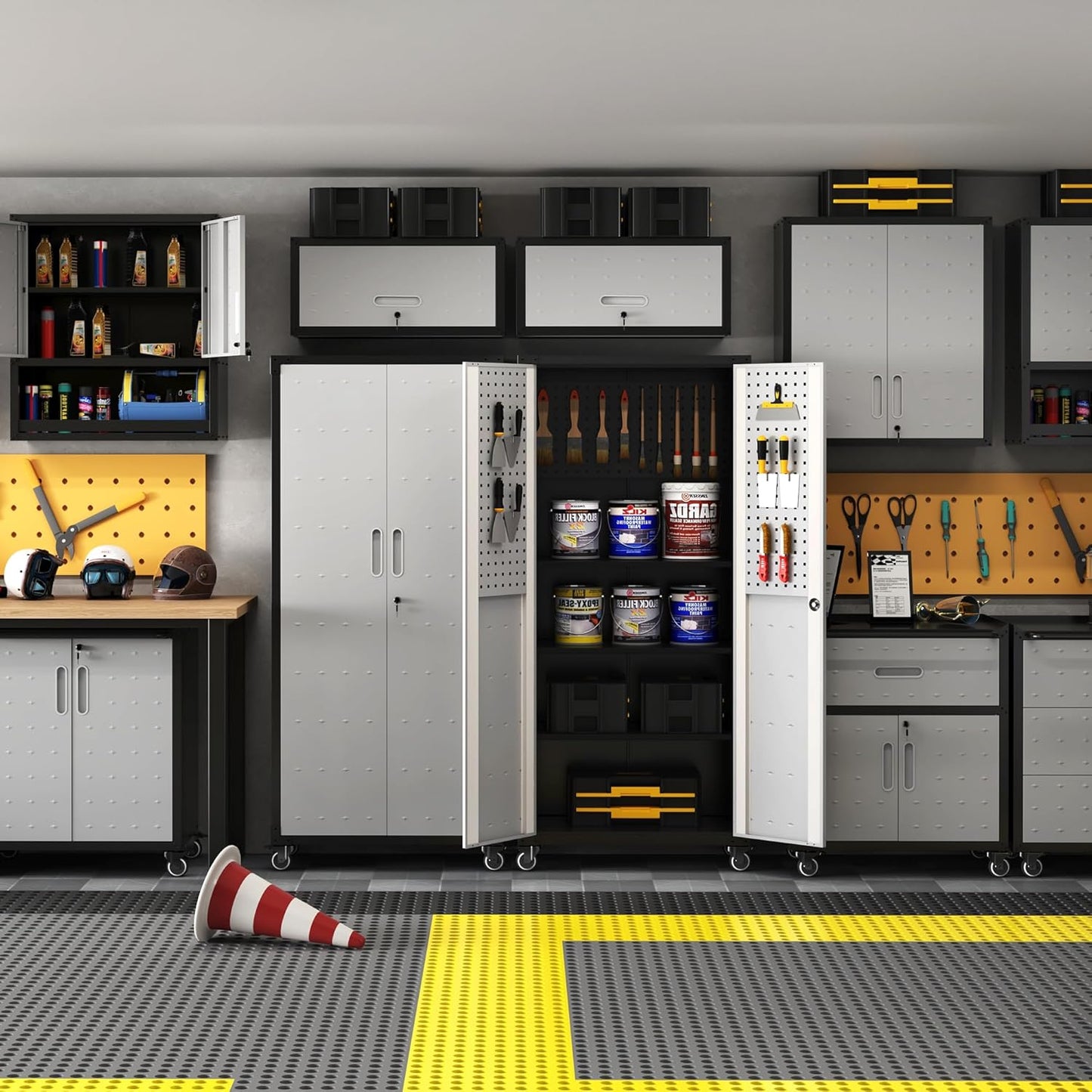 Garage Metal Storage Cabinet,71" Rolling Tool Cabinet with Pegboard and 3 Adjustable Shelves,Heavy-Duty Shelving Unit with Lockable Doors for Garage,Workshop,Home & Office Organization