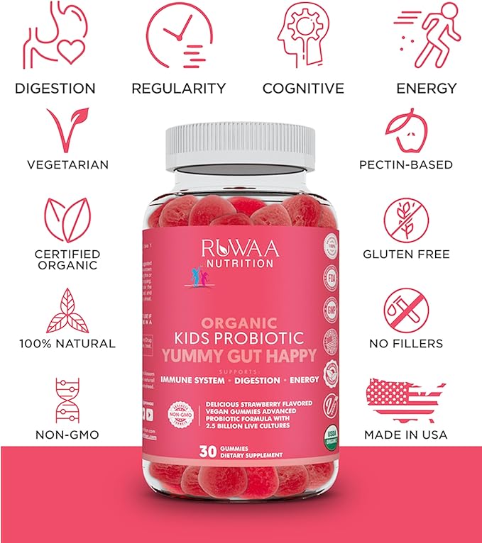 Daily Probiotics for Digestive Health. Organic Probiotic Gummies for Kids Digestion Supplement, Stomach Discomfort. Chewable Children’s Probiotics, Kids Probiotic Prebiotic Gummies, Vegan 120ct (6)