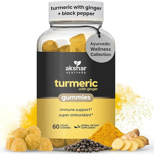 Akshar Ayurveda - Turmeric with Ginger Gummies - Immune Support Turmeric Curcumin Supplements with Ginger Root and Piperine Black Pepper Super Antioxidant - Vegan Cruelty-Free (60 Vegan Gummies)