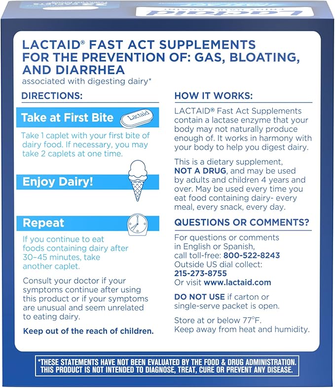 Lactaid Fast Act Lactose Intolerance Relief Caplets with Lactase Enzyme to Prevent Gas, Bloating & Diarrhea Due to Lactose Sensitivity, Ideal for Travel & On-The-Go, 32 Packs of 1-Count