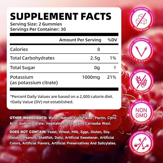 Potassium Citrate Gummies 1000mg, Potassium Supplement for Adults Women & Men, Support Leg Cramps & Muscle Health, 60 Count