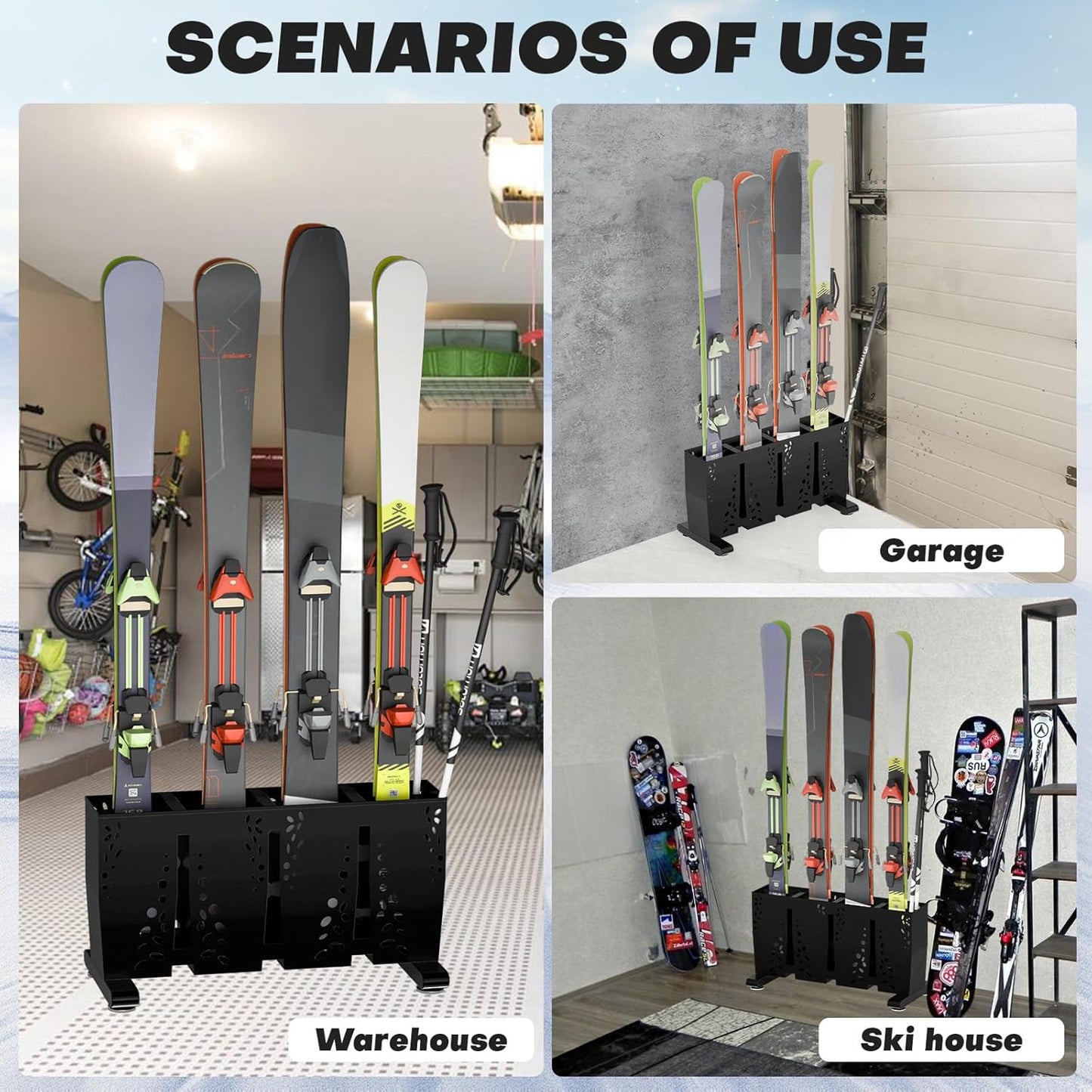 Ski Storage Rack for Garage, 4 Pair Heavy Duty Steel Freestanding Ski Storage Organizer, Indoor Ski Holder Racks for Home and Garage Storage