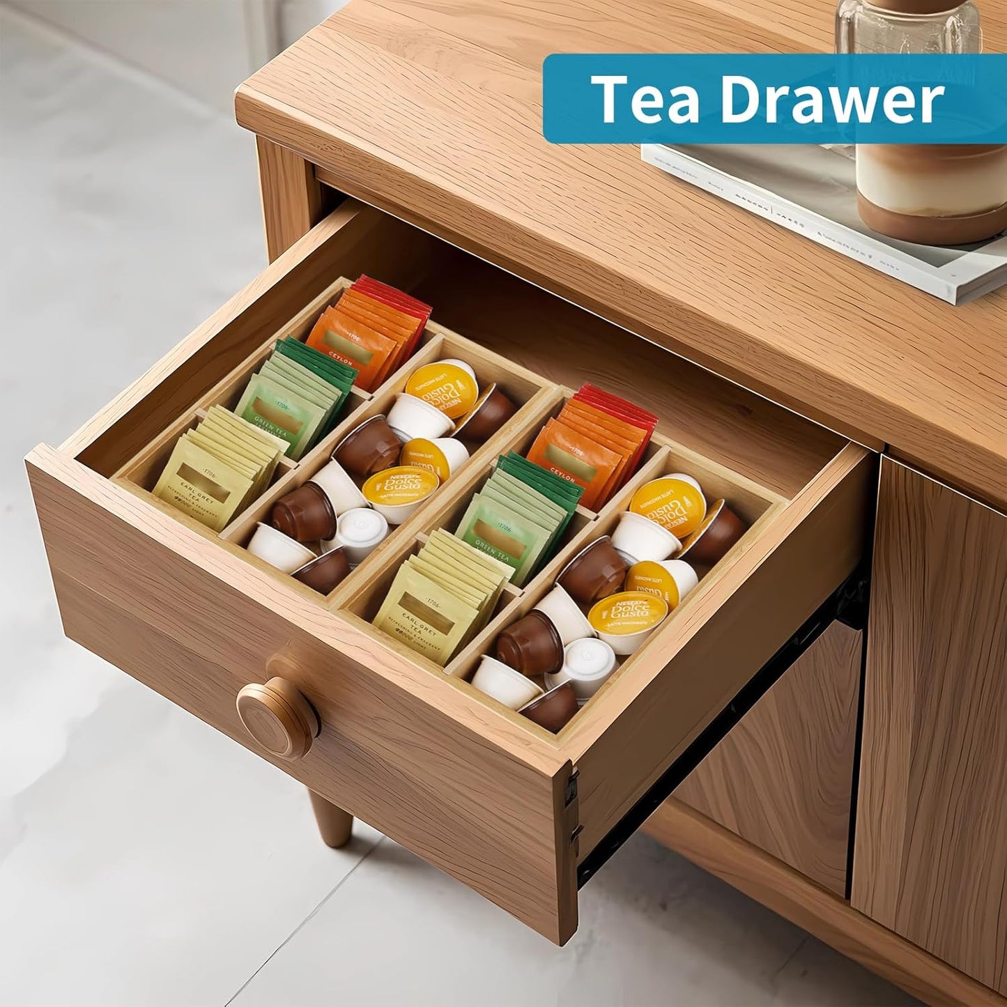 Tea Bag/Sugar Packet Holder,Coffee Station Condiment Organizer,Bamboo Tea Organizer,Large 4-Compartment Organizer Tray for Drawer/Shelf/Countertop(10.2 x 7.9 x 2.4 inch)