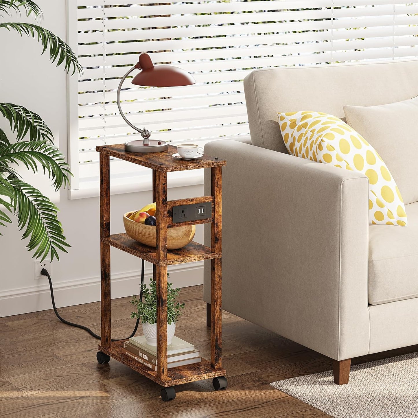 TUTOTAK Small Narrow Side Table with Charging Station, Skinny End Table for Small Spaces, Slim Nightstand with USB Ports and Outlet, Sofa Beside Table with Wheels, Rustic Brown TB01BB046C