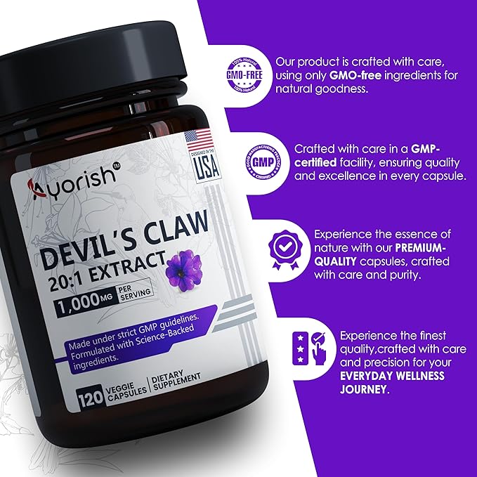 Devils Claw 1000mg | 120 Capsules | 20:1 Concentrated Root Extract | Devils Claw Herbal Supplement | Non-GMO, Gluten Free Supplement