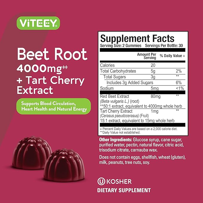 Viteey Beet Root Gummies with Tart Cherry - Beetroot Supplement for Heart Health, Blood Pressure Support - Vegan, Gluten-Free - 120 Count