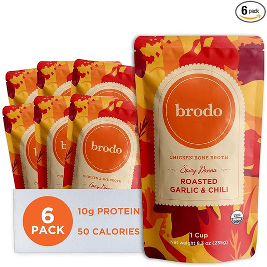 Brodo Spicy Nonna Roasted Garlic & Chili Chicken Broth Nutrient Dense, Chef Crafted Bone Broth in Single Serving Pouches Not Made From Concentrate, No Preservatives (6x 8.3oz Pouches)