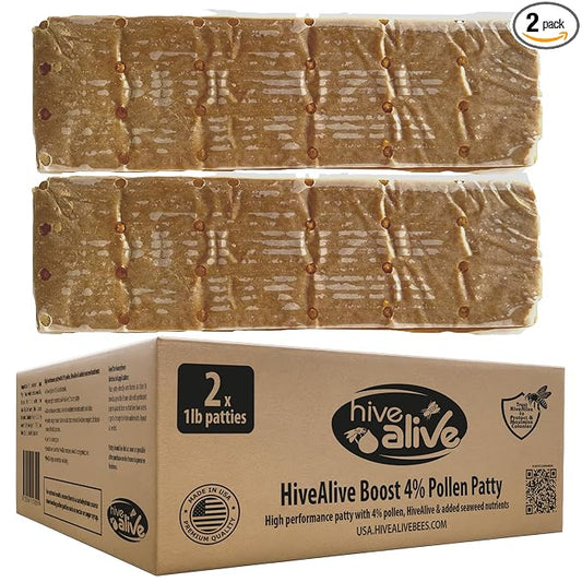 Pollen Patty for Honey Bees – 2lb (2 x 1lb) Pollen Patties and Bee Food for Spring with 4% Real USA Pollen, Hive Alive, Seaweed and Amino Acids to Support Brood and Colony Health
