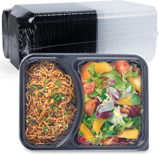 Takeout Containers Reusable 40 Pack 40oz - Shrink Wrap Leakproof | Portion Control Leftovers Plastic Container with Lid | BPA Free Freezer & Microwave Safe Meal Prep | 2 Compartment Lunch Box