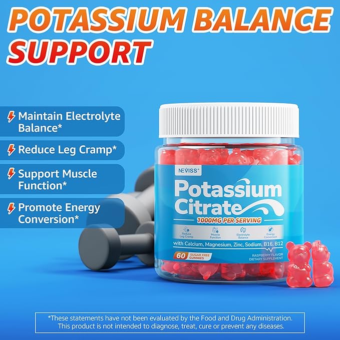 Potassium Citrate 1000mg Gummies, Potassium Magnesium Supplement + Calcium, Zinc, Sodium, Vitamin B6, B12, Support Leg Cramps, Electrolyte Balance, Body Performance, Energy Boost, Sugar Free, 120 Cts