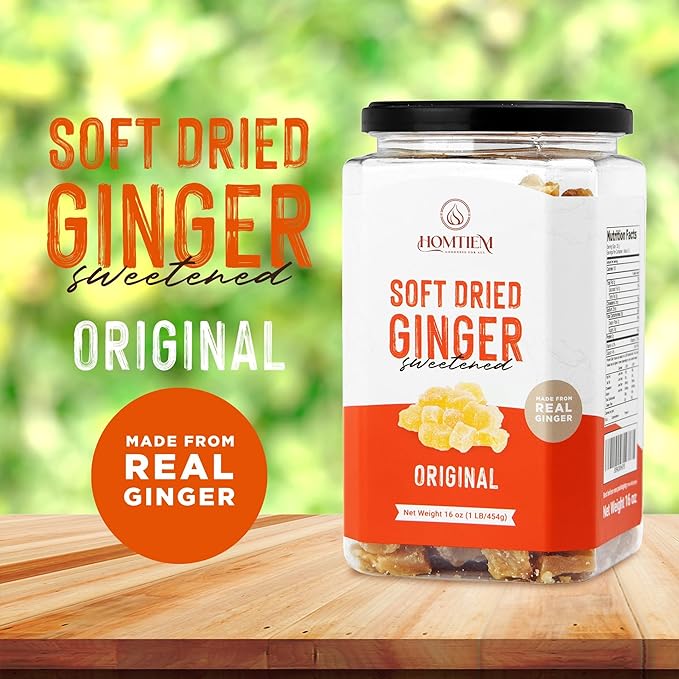 Homtiem Dried Crystallized Ginger(16 Ounce)Soft, Chews and Candied Delicious Gingers,No Artificial Colors, Easy to eat, keep and use, Real ginger candied pieces,All-Natural and Preservative-Free(2 LB) Pack2