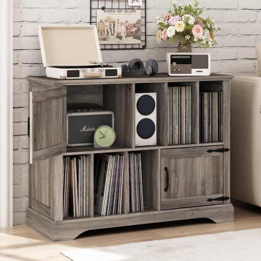 Large Record Player Stand with Vinyl Storage - 39.5" Turntable Stand Farmhouse Wood Storage Cabinet with Magnetic Doors, Stereo Media Shelf for Living Room, Office, Grey