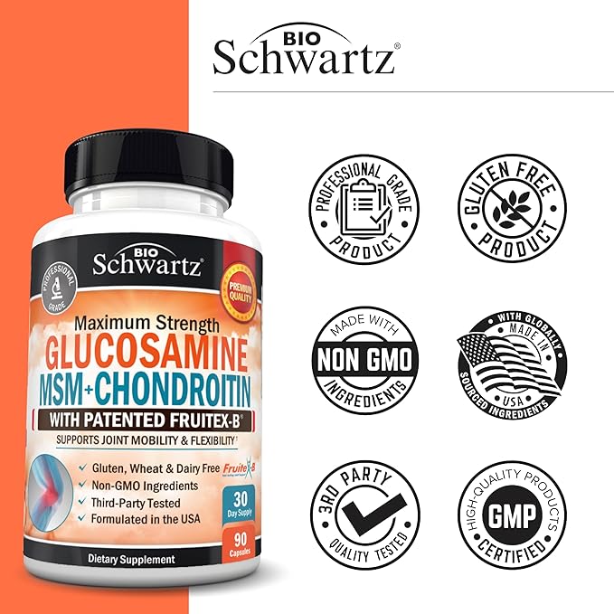 Glucosamine Chondroitin MSM Joint Support Supplement - Collagen Peptides, Turmeric and Ginger, Hyaluronic Acid, Glucosamine Chondroitin Sulfate for Joint Comfort - Gluten Free, Non GMO, 90 Capsules