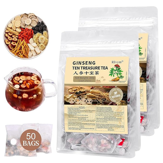 50Pcs Ginseng Ten Treasures Tea, Chinese Traditional Kidney Care Herbal Tea, Natural Kidney Cleanse Detox Tea for Women & Men, 10 Precious Ingredients Formula(50Bags, 600g)